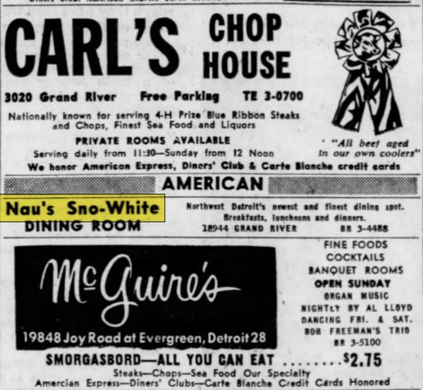 Naus Sno-White Dining Room - Dec 1962 Ad (newer photo)